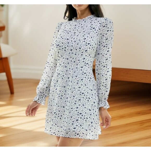 B Darlin Juniors Printed Mock Neck Long Sleeve Dress Cream Navy Size 12 NWT - Picture 2 of 4